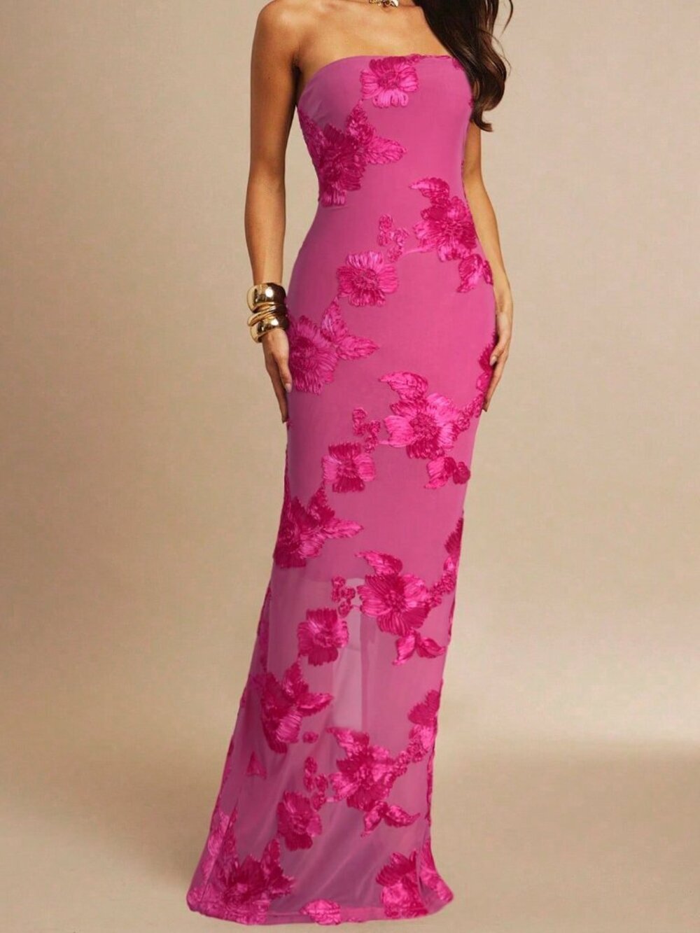 Hot Pink Party Women's 3d Floral Sexy Bodycon Strapless Dress